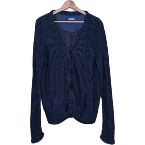 Linen Cardigan Men M Blue Textured LS V Neck Button Pockets Preppy Academia FLAW